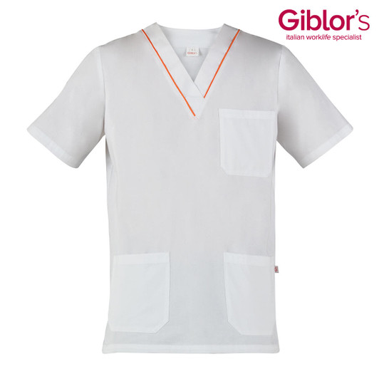 A white tunic with a V-neck, featuring orange trim and two front pockets. It has a logo on the top right.