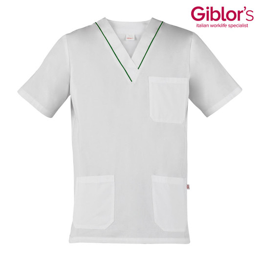 A white tunic with a v-neck, featuring three pockets and green piping details. It includes a logo in the corner.
