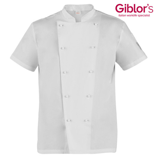 A white chef jacket with a double-breasted design and a logo on the top right.