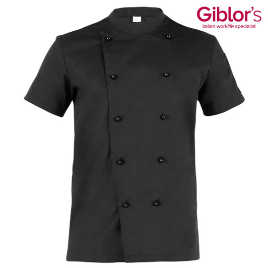 A black chef jacket with short sleeves and double-breasted buttons, featuring a branding logo.