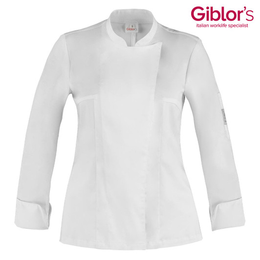 A white chef jacket featuring a modern design and a branding logo on the sleeve.
