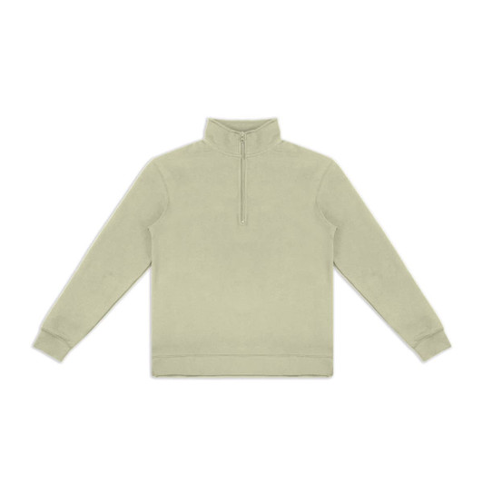 A light green unisex quarter zip jumper with long sleeves and a zip detail at the neck. It features a logo.