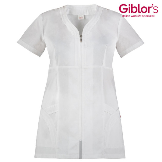 A white tunic featuring short sleeves, a zippered front, and two pockets, with a logo present.