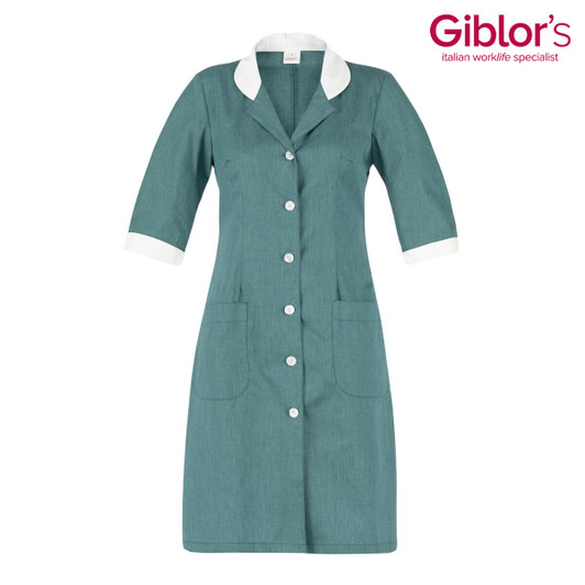 A teal dress with three-quarter sleeves, a white collar, and front buttons, featuring two pockets.