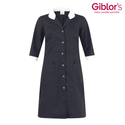 A black dress with a white collar and cuffs, featuring buttons and two front pockets. The product has a logo.