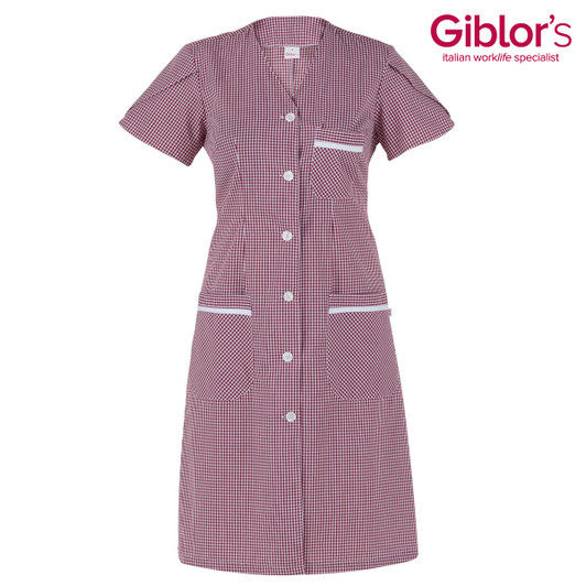 A check-patterned dress in red and white with short sleeves and two front pockets, featuring a branding logo.