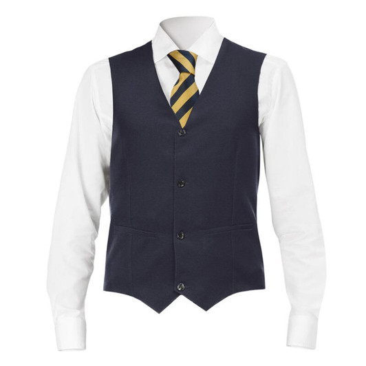 A navy vest with a white shirt and a yellow striped tie, featuring buttons and pockets. The garment has a logo.