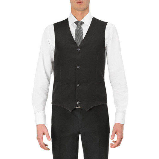 A black vest worn over a white shirt, featuring a five-button front and a sleek design. It has a logo on the label.