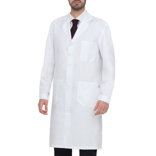 A white lab coat with a collar and two front pockets, worn by a man. The coat has a branding logo.