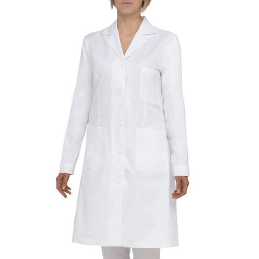 A white lab coat with a collar and long sleeves, featuring two front pockets and a button closure.