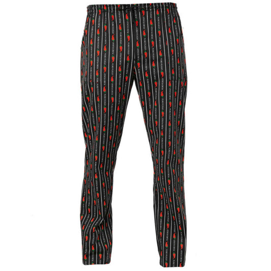 A pair of black pants with vertical stripes and red floral patterns, featuring an elastic waistband.