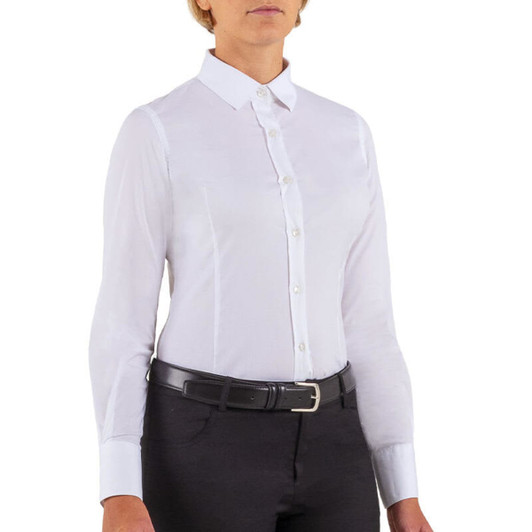A white shirt with a collared neck and long sleeves, paired with black trousers and a belt. The shirt features a logo.