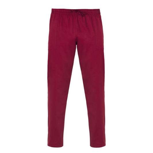 Maroon pants with an elastic waistband and drawstring, featuring side pockets. The product has a logo.