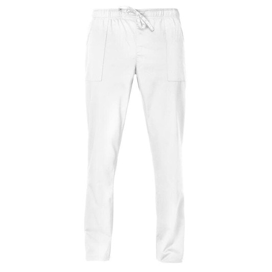 White pants with an elastic waistband and drawstring, featuring two side pockets. The product has branding.