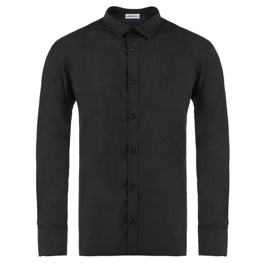 A black long sleeve shirt with a collared neckline and button-down front, featuring a logo.