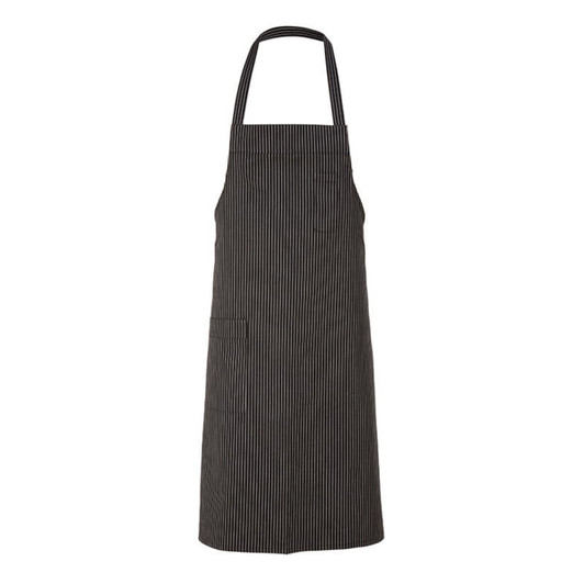A black and white striped apron with a single pocket and a neck loop. The product features a logo.