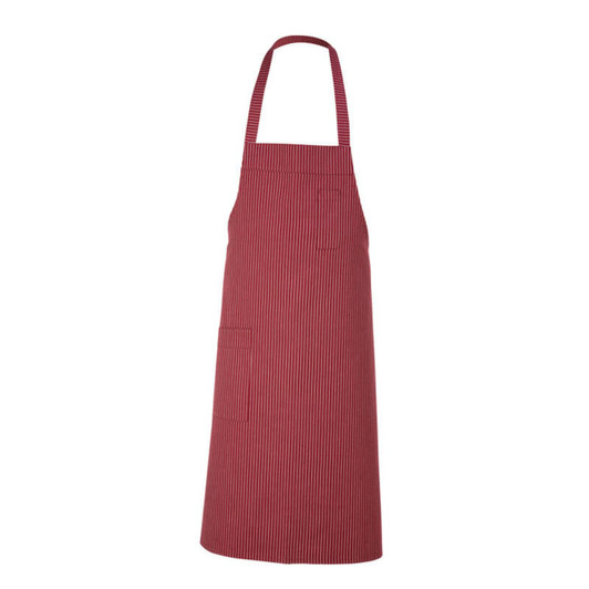 A red and white striped apron with a neck tie and a pocket at the front. It features a branding logo.
