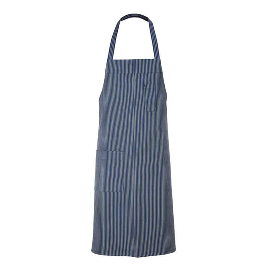 A navy and white striped apron with a pocket and adjustable neck strap. It features a logo on the side.