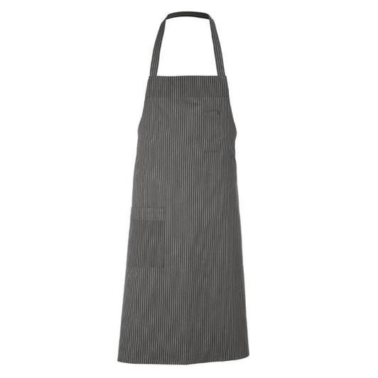 A black and grey stripy apron with a neck strap and a front pocket. It features a logo branding on the design.