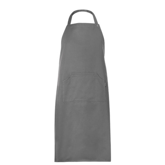 A grey apron with a front pocket and a neck strap, featuring a logo.