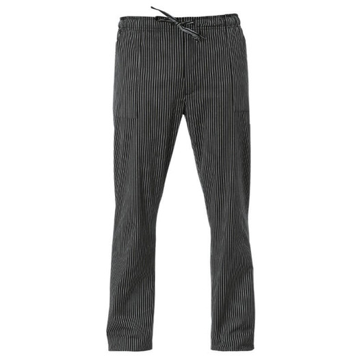 Striped black and white pants with a drawstring waist, featuring a logo on the waistband.