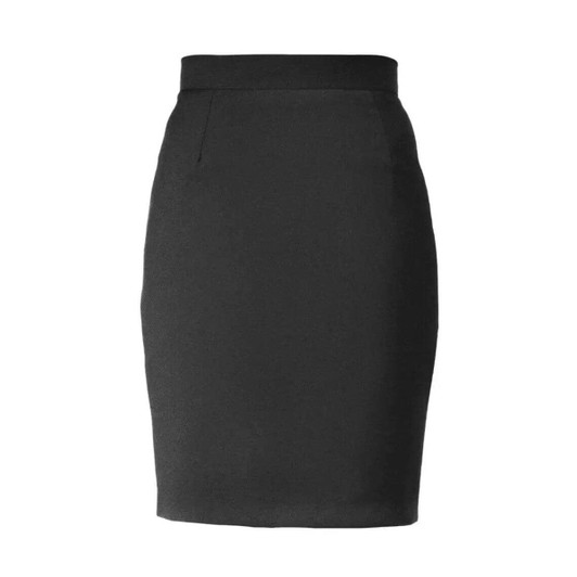 A black skirt with a fitted design and a smooth, sleek finish. It features a simple waistband.