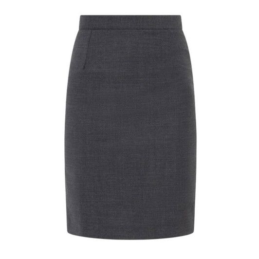 A dark grey skirt with a tailored fit and a smooth texture. It has a subtle pocket detail and a waistband.