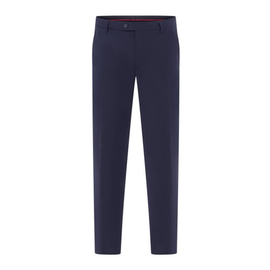 Navy Mauro Pants with a straight-leg design and a subtle branding logo.