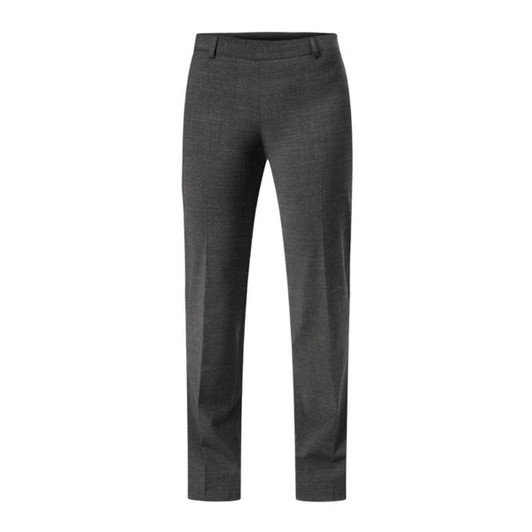 Grey tailored pants with a straight leg design, featuring a waistband and a subtle check pattern.