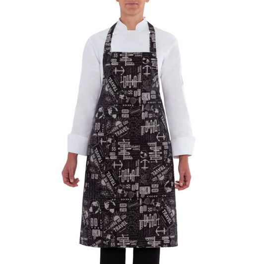 A black apron with a travel-themed pattern, featuring various design elements and a logo.