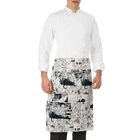 A white apron featuring a black and white comic strip design, worn by a model. The apron has a logo on it.