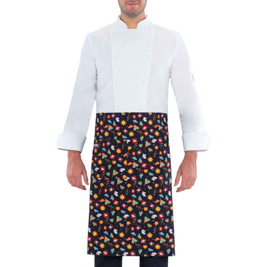 A white chef's jacket paired with a colourful floral patterned apron, featuring various vibrant flowers and leaves.