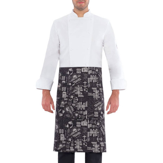 A white apron with a black patterned lower section featuring various travel-themed graphics, including anchors and suitcases.