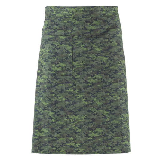 A green camouflage apron featuring a pattern of varying shades of green. It has a single pocket.