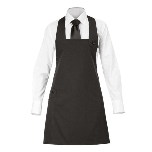 A dark grey apron worn over a white long-sleeve shirt and black tie, featuring a side pocket and a button detail.