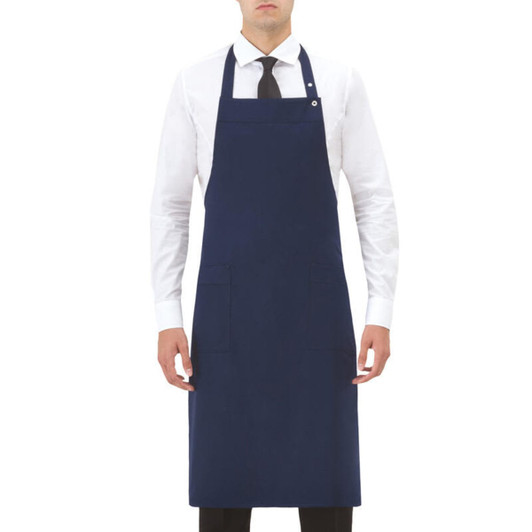 A navy blue apron worn by a model, featuring a front pocket and an adjustable neck strap, with a logo present.