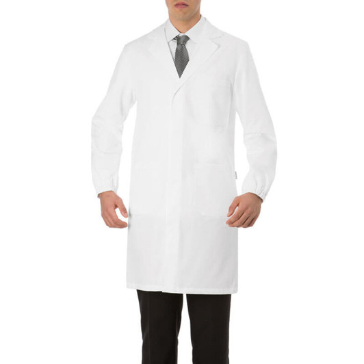 A white lab coat with long sleeves, featuring a collar and two front pockets, worn by a model.