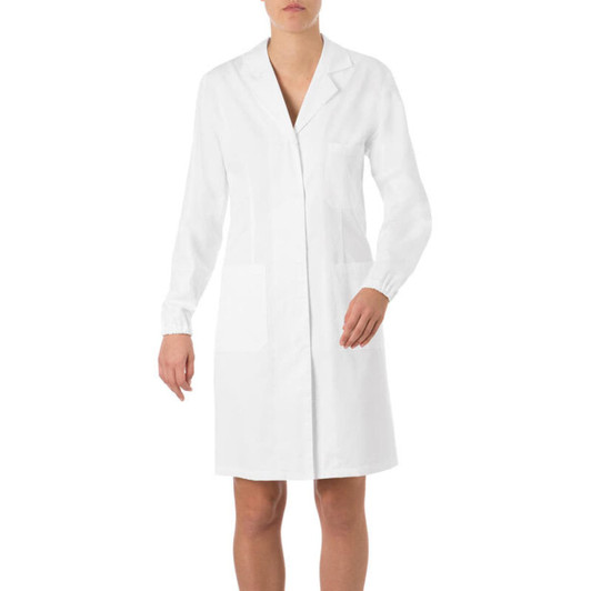A white lab coat with long sleeves and two front pockets. It features a simple collar design.