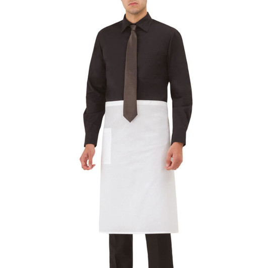 A white apron worn over a black shirt and tie, featuring a side pocket. The model is standing upright.