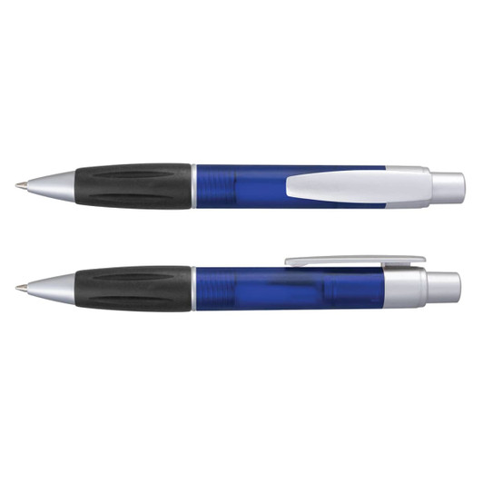 A blue plastic pen with a silver clip and grip. It features a sleek design and has a branding logo.