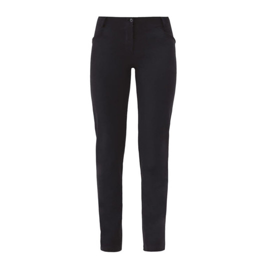 Black pants with a slim fit design featuring pockets and a button closure. The garment has a subtle branding logo.