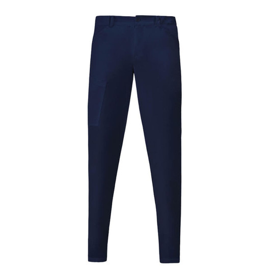 Navy Elia Pants with a slim fit and pockets, featuring a branding logo.