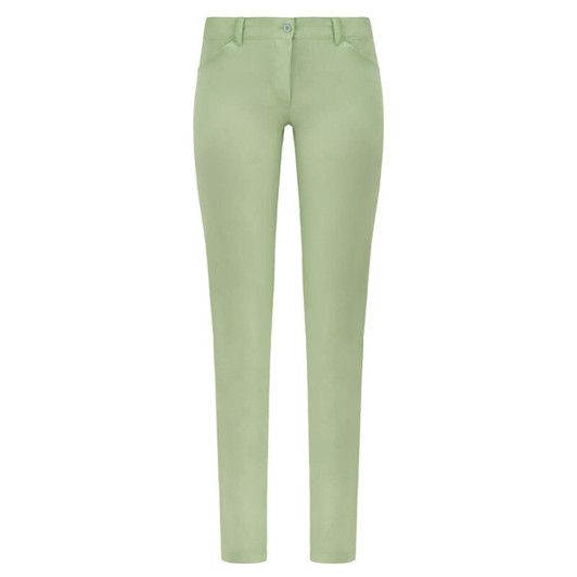 A pair of light green fitted pants with five pockets and a button closure. The pants feature a branding logo.