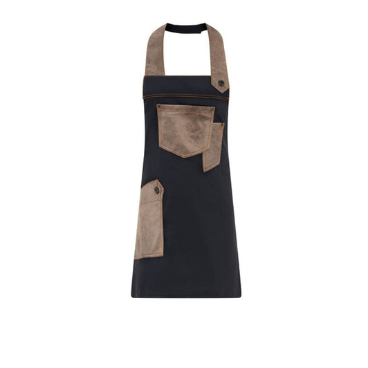 A black apron with tan pockets and straps, featuring a modern design and a logo.