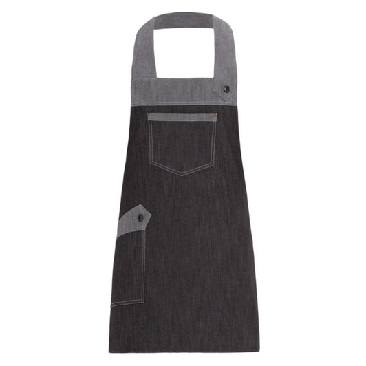A dark grey apron with a square neck, pockets, and a contrasting lighter grey panel at the top. It features a logo.