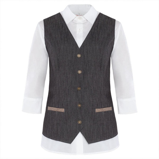 A dark denim vest with a fitted silhouette, featuring a button closure and pockets, layered over a white shirt.