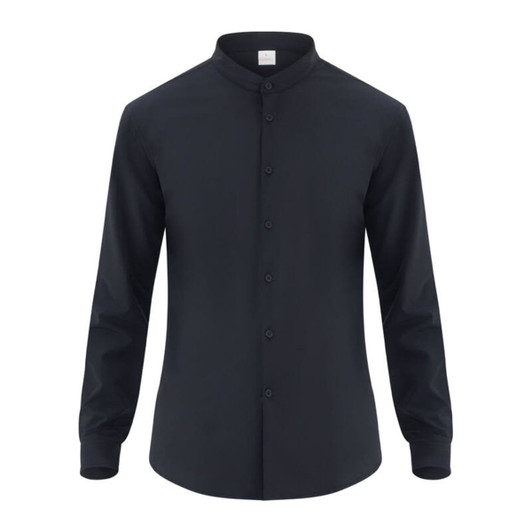 A button-up shirt in dark navy with a collarless design and long sleeves. It features a logo on the tag.