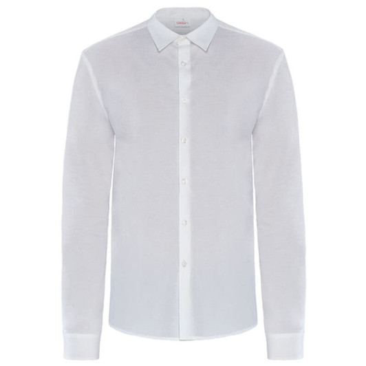 A white long-sleeved shirt with a button-up front and a classic collar. It features a subtle texture and a branding logo.