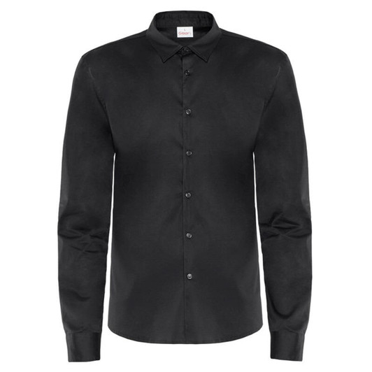 A black dress shirt with long sleeves and a button-down collar, featuring a logo on the label.