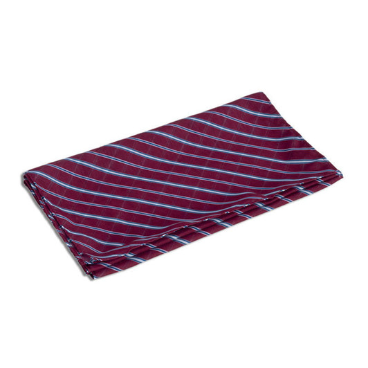 A neck scarf featuring a maroon background with blue diagonal stripes, neatly folded. The scarf has a logo.